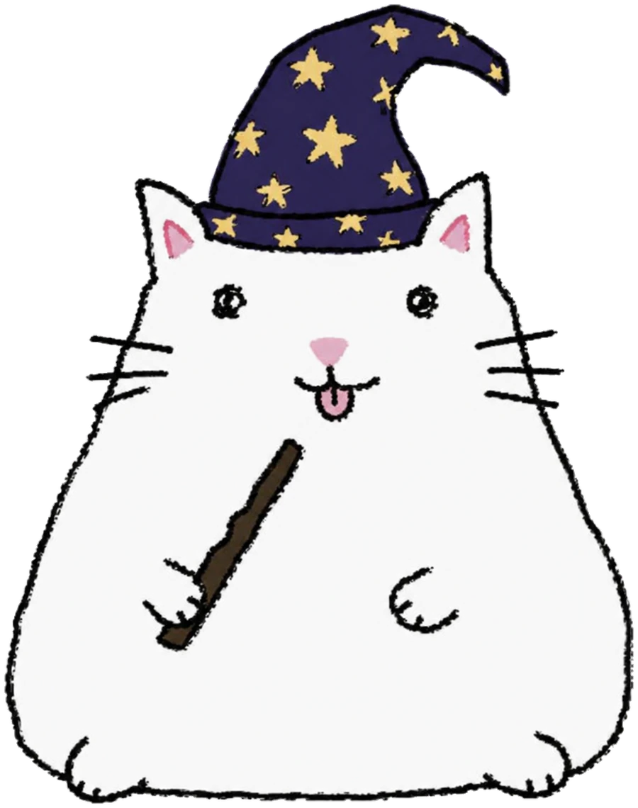 a white cat in a wizard hat, holding a stick